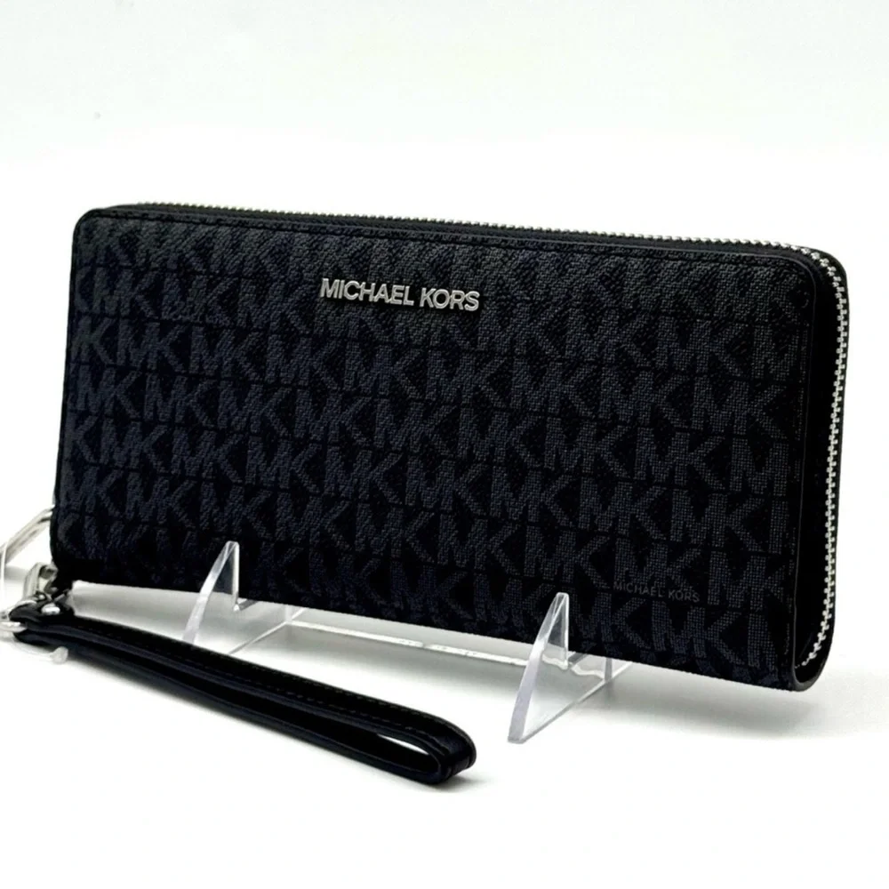 Michael Kors Large Jet Set Travel Signature Continental Wallet Wristlet Black